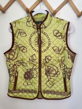 J. McLaughlin Quilted Silk Vest Green Equestrian Size Medium Preppy Designer